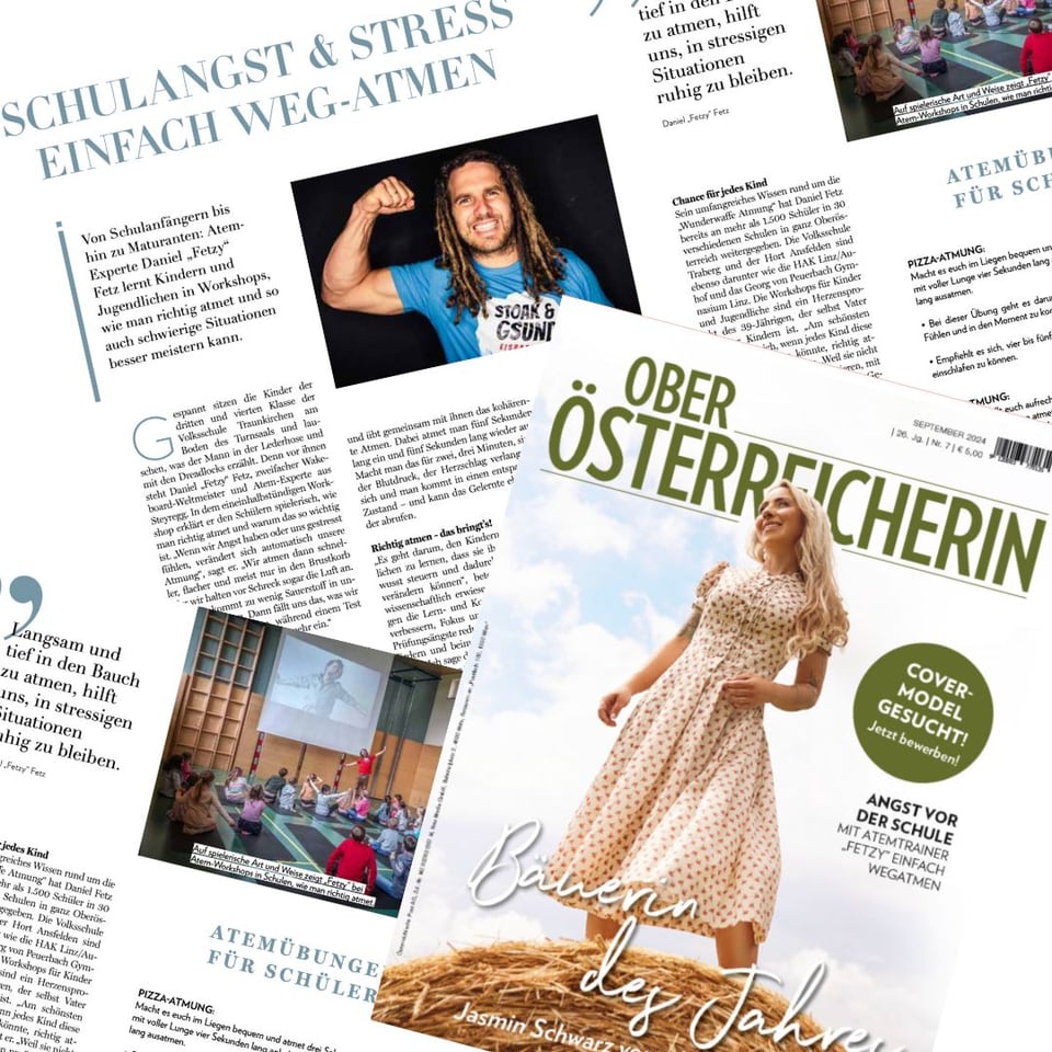 Collage aus der Zeitschrift Die Oberösterreicherin über Atemübungen gegen Schulangst und Stress